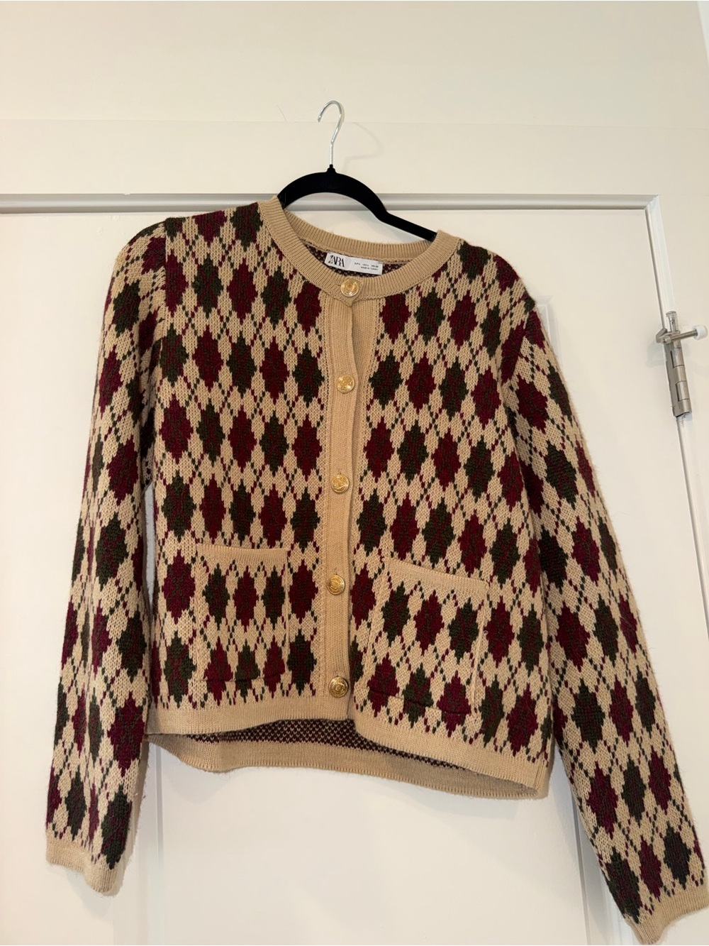 Zara Beige Argyle Cardigan with Burgundy and Dark Green Diamonds